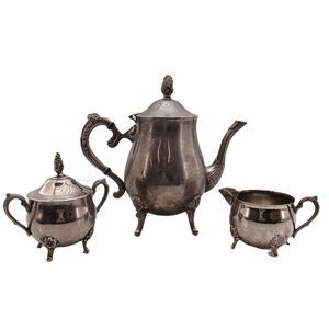 Vintage Silver Plated Footed Tea Pot Creamer Lidded Sugar Bowl Set Ornate Handle